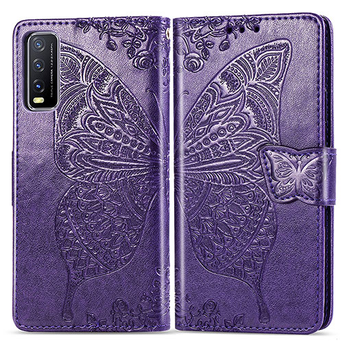 Leather Case Stands Butterfly Flip Cover Holder for Vivo Y12G Purple