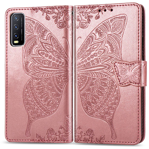 Leather Case Stands Butterfly Flip Cover Holder for Vivo Y12s (2021) Pink