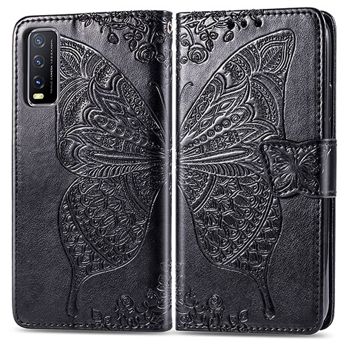 Leather Case Stands Butterfly Flip Cover Holder for Vivo Y20 (2021) Black