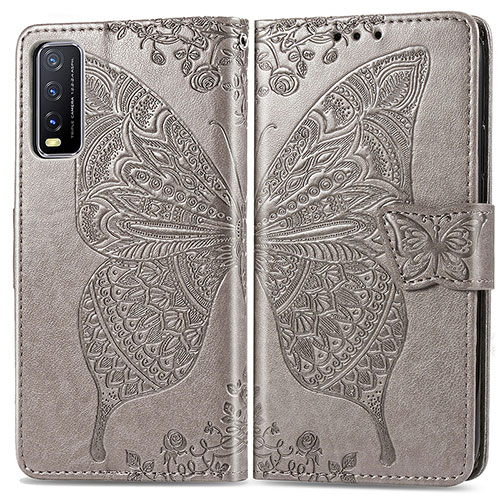 Leather Case Stands Butterfly Flip Cover Holder for Vivo Y20a Gray