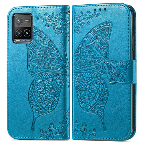 Leather Case Stands Butterfly Flip Cover Holder for Vivo Y21G Blue