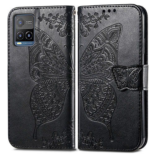 Leather Case Stands Butterfly Flip Cover Holder for Vivo Y21s Black