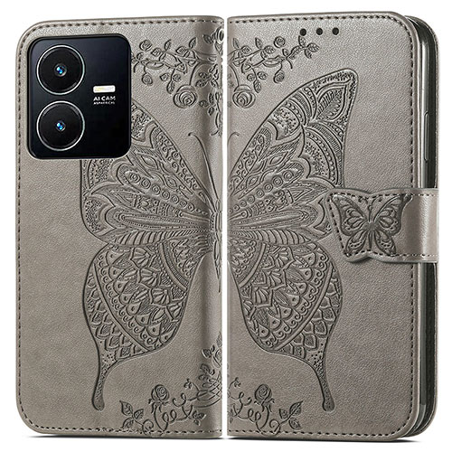 Leather Case Stands Butterfly Flip Cover Holder for Vivo Y22 Gray