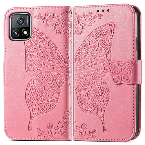 Leather Case Stands Butterfly Flip Cover Holder for Vivo Y31s 5G Hot Pink