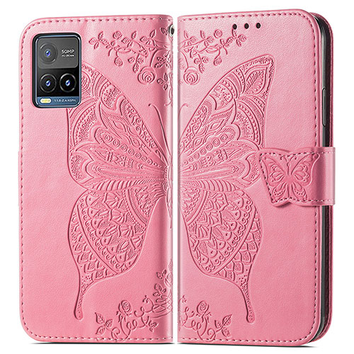 Leather Case Stands Butterfly Flip Cover Holder for Vivo Y32 4G Hot Pink