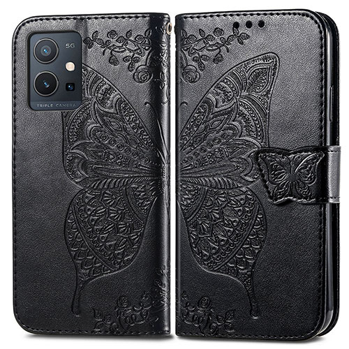 Leather Case Stands Butterfly Flip Cover Holder for Vivo Y33e 5G Black