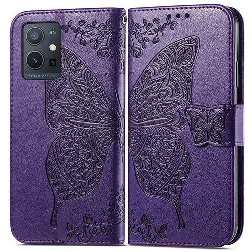 Leather Case Stands Butterfly Flip Cover Holder for Vivo Y33e 5G Purple