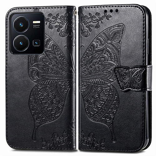 Leather Case Stands Butterfly Flip Cover Holder for Vivo Y35 4G Black