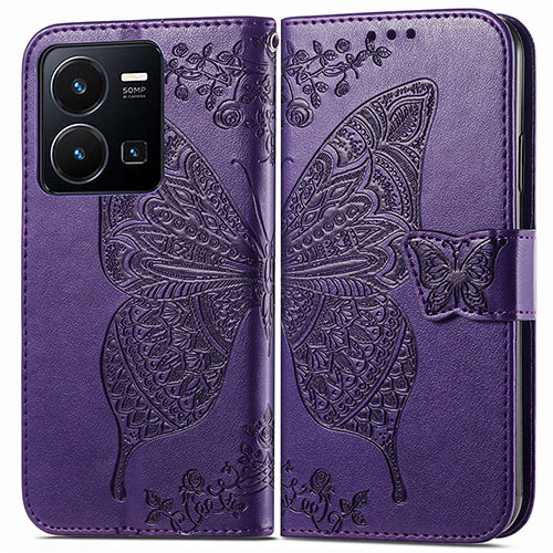 Leather Case Stands Butterfly Flip Cover Holder for Vivo Y35 4G Purple