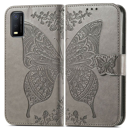 Leather Case Stands Butterfly Flip Cover Holder for Vivo Y3s (2021) Gray