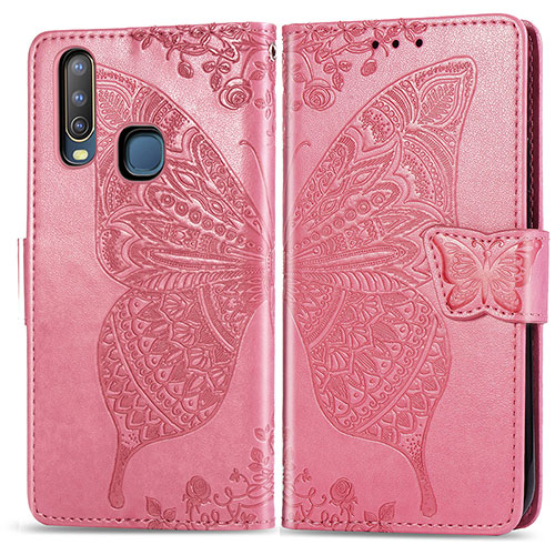 Leather Case Stands Butterfly Flip Cover Holder for Vivo Y3s Hot Pink