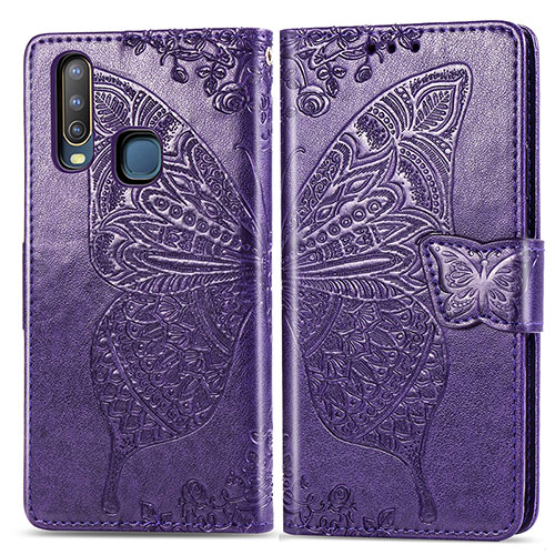 Leather Case Stands Butterfly Flip Cover Holder for Vivo Y3s Purple