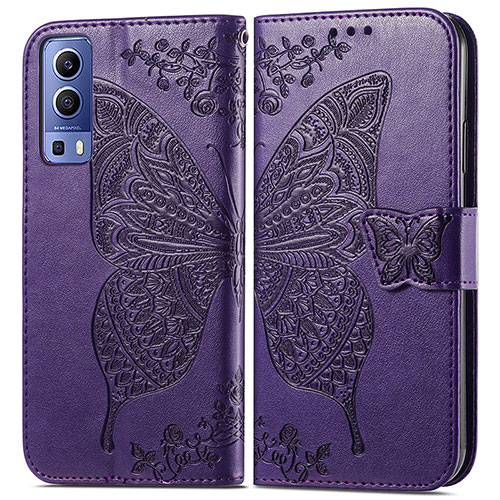 Leather Case Stands Butterfly Flip Cover Holder for Vivo Y52 5G Purple