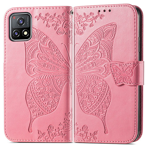 Leather Case Stands Butterfly Flip Cover Holder for Vivo Y52s 5G Hot Pink