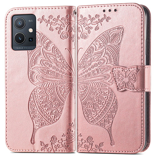 Leather Case Stands Butterfly Flip Cover Holder for Vivo Y52t 5G Pink