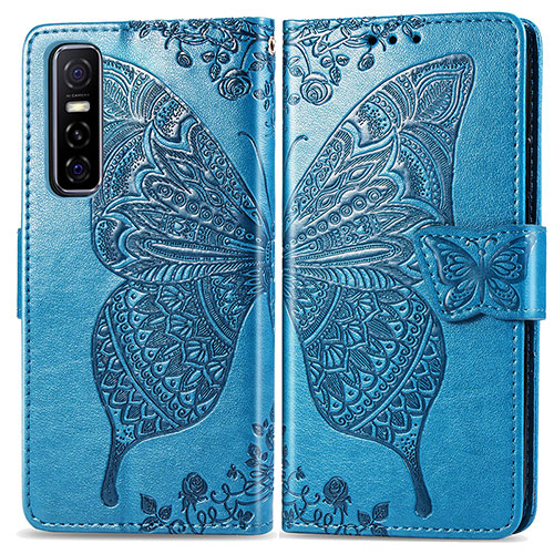 Leather Case Stands Butterfly Flip Cover Holder for Vivo Y73s 5G Blue