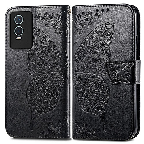 Leather Case Stands Butterfly Flip Cover Holder for Vivo Y74s 5G Black