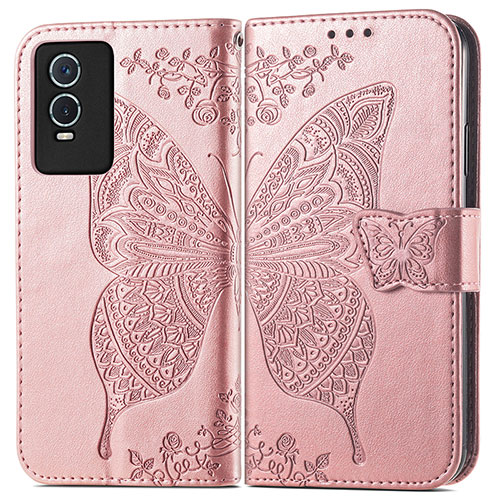 Leather Case Stands Butterfly Flip Cover Holder for Vivo Y74s 5G Pink