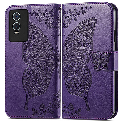 Leather Case Stands Butterfly Flip Cover Holder for Vivo Y74s 5G Purple