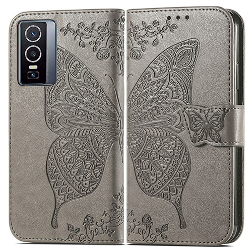 Leather Case Stands Butterfly Flip Cover Holder for Vivo Y76 5G Gray