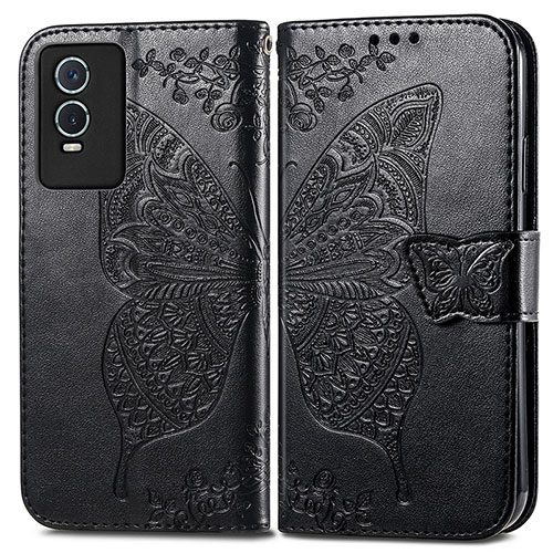 Leather Case Stands Butterfly Flip Cover Holder for Vivo Y76s 5G Black