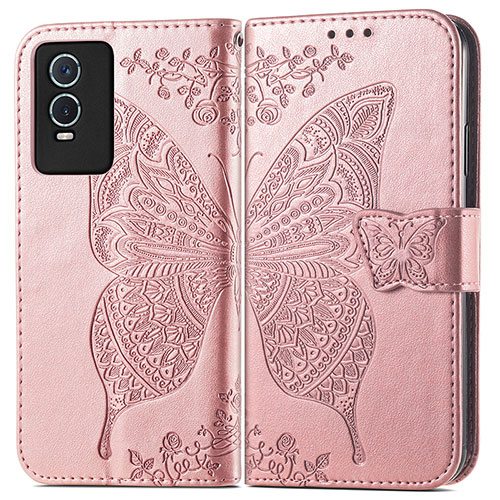 Leather Case Stands Butterfly Flip Cover Holder for Vivo Y76s 5G Pink