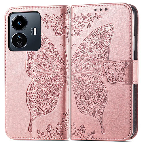 Leather Case Stands Butterfly Flip Cover Holder for Vivo Y77 5G Pink