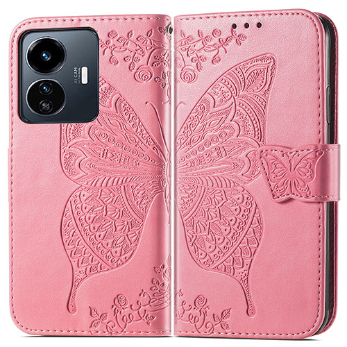 Leather Case Stands Butterfly Flip Cover Holder for Vivo Y77e 5G Hot Pink