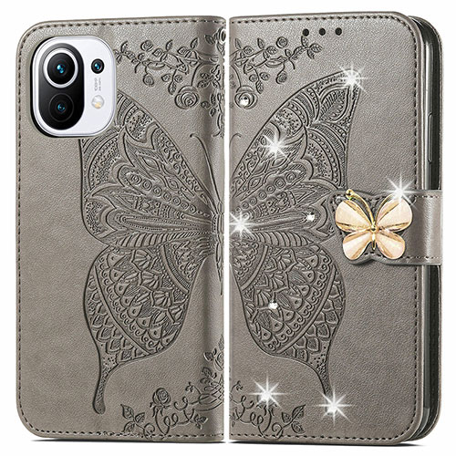 Leather Case Stands Butterfly Flip Cover Holder for Xiaomi Mi 11 5G Gray