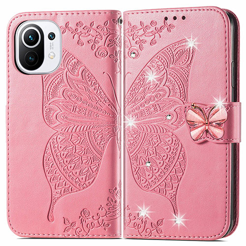 Leather Case Stands Butterfly Flip Cover Holder for Xiaomi Mi 11 Lite 4G Hot Pink