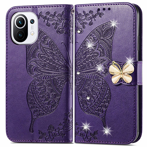 Leather Case Stands Butterfly Flip Cover Holder for Xiaomi Mi 11 Lite 4G Purple