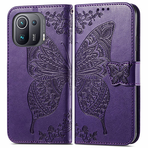 Leather Case Stands Butterfly Flip Cover Holder for Xiaomi Mi 11 Pro 5G Purple