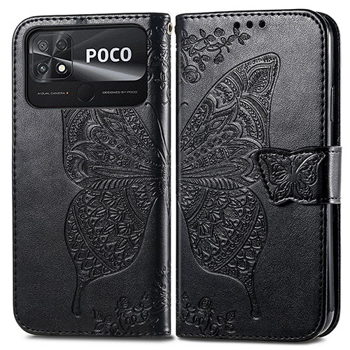 Leather Case Stands Butterfly Flip Cover Holder for Xiaomi Poco C40 Black