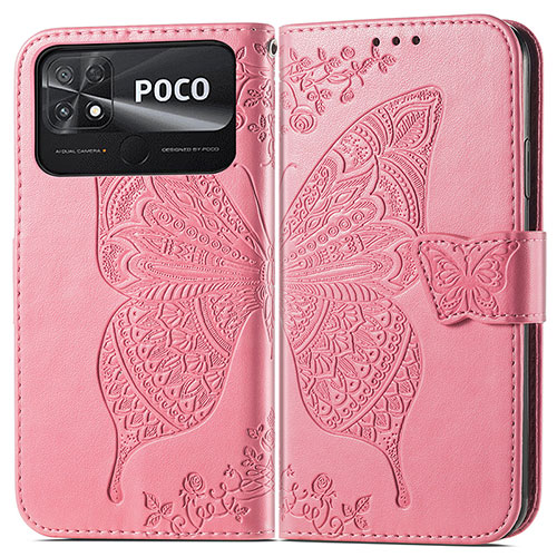 Leather Case Stands Butterfly Flip Cover Holder for Xiaomi Poco C40 Hot Pink