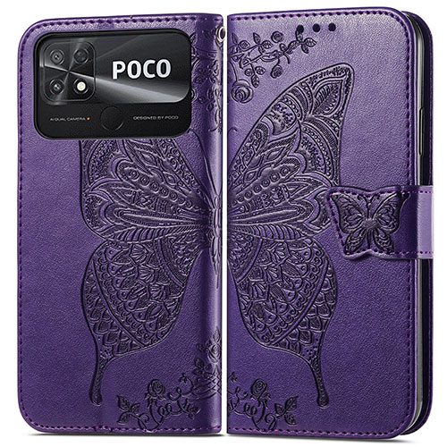 Leather Case Stands Butterfly Flip Cover Holder for Xiaomi Poco C40 Purple