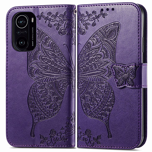 Leather Case Stands Butterfly Flip Cover Holder for Xiaomi Poco F3 5G Purple