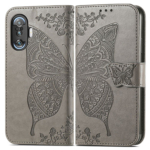 Leather Case Stands Butterfly Flip Cover Holder for Xiaomi Poco F3 GT 5G Gray