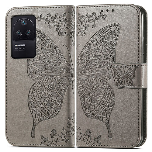 Leather Case Stands Butterfly Flip Cover Holder for Xiaomi Poco F4 5G Gray