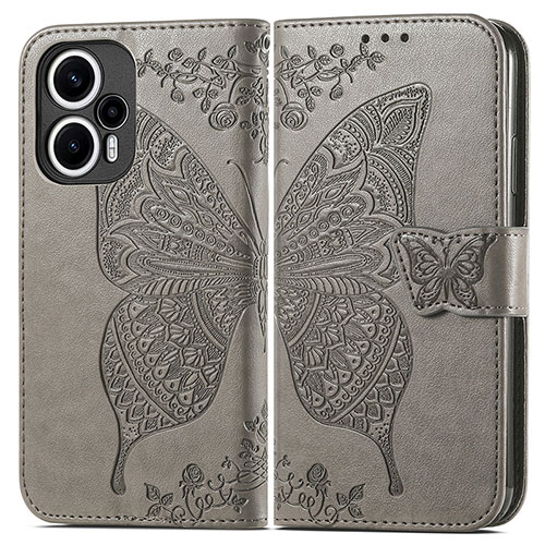 Leather Case Stands Butterfly Flip Cover Holder for Xiaomi Poco F5 5G Gray