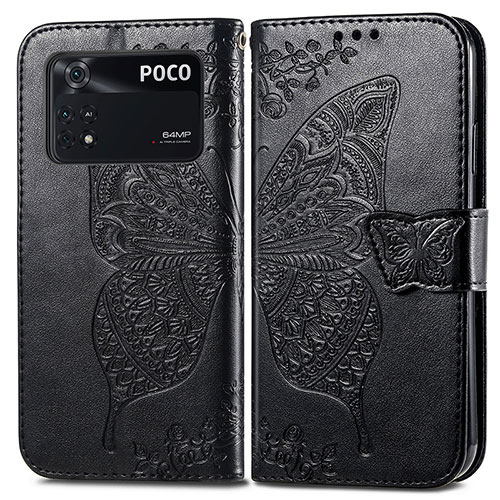 Leather Case Stands Butterfly Flip Cover Holder for Xiaomi Poco M4 Pro 4G Black