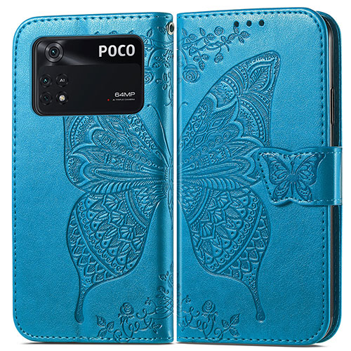 Leather Case Stands Butterfly Flip Cover Holder for Xiaomi Poco M4 Pro 4G Blue