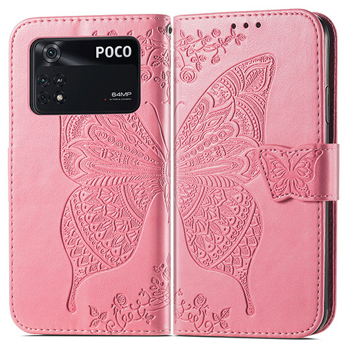 Leather Case Stands Butterfly Flip Cover Holder for Xiaomi Poco M4 Pro 4G Hot Pink