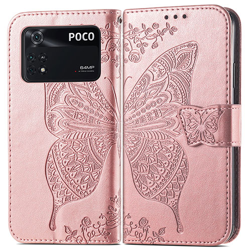 Leather Case Stands Butterfly Flip Cover Holder for Xiaomi Poco M4 Pro 4G Pink