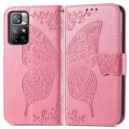 Leather Case Stands Butterfly Flip Cover Holder for Xiaomi Poco M4 Pro 5G Hot Pink