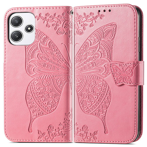 Leather Case Stands Butterfly Flip Cover Holder for Xiaomi Poco M6 Pro 5G Hot Pink