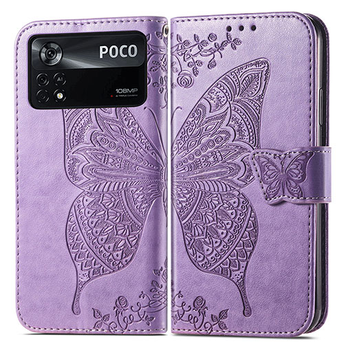 Leather Case Stands Butterfly Flip Cover Holder for Xiaomi Poco X4 Pro 5G Clove Purple