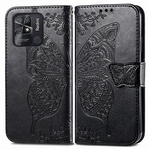 Leather Case Stands Butterfly Flip Cover Holder for Xiaomi Redmi 10 India Black