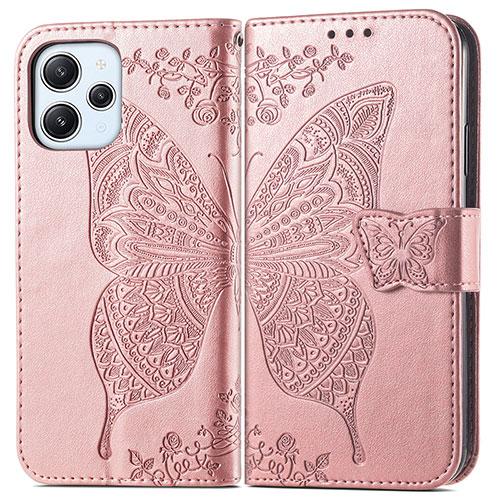 Leather Case Stands Butterfly Flip Cover Holder for Xiaomi Redmi 12 4G Rose Gold