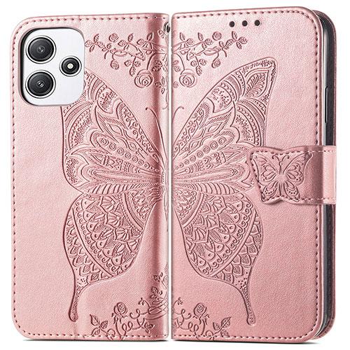 Leather Case Stands Butterfly Flip Cover Holder for Xiaomi Redmi 12 5G Rose Gold