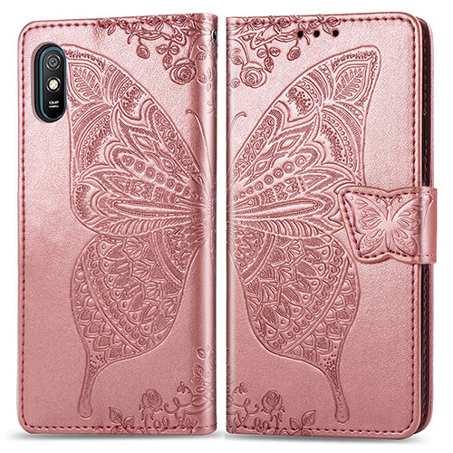 Leather Case Stands Butterfly Flip Cover Holder for Xiaomi Redmi 9i Pink